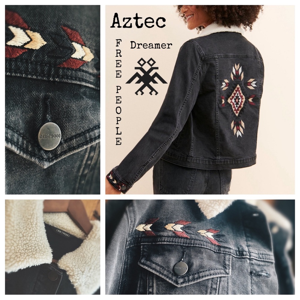 Free People x Driftwood Charcoal Denim Jacket - Aztec Embroidery - Size XL NWOT - Picture 2 of 13